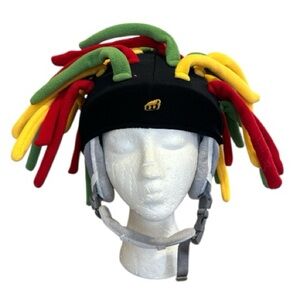 Adult ski or snowboarding helmet cover with red, green and yellow strings.